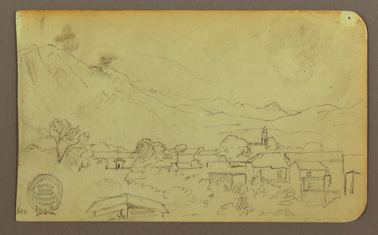 Rajz, falu; hátoldal:Hilltop, 1883 decembere alkotó: Frederic Edwin Church
