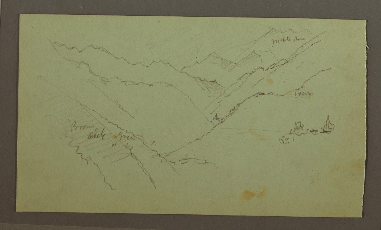 Rajz, Falu és meredek hegyvidéki völgy (Alpok), 1868-69 alkotó: Frederic Edwin Church