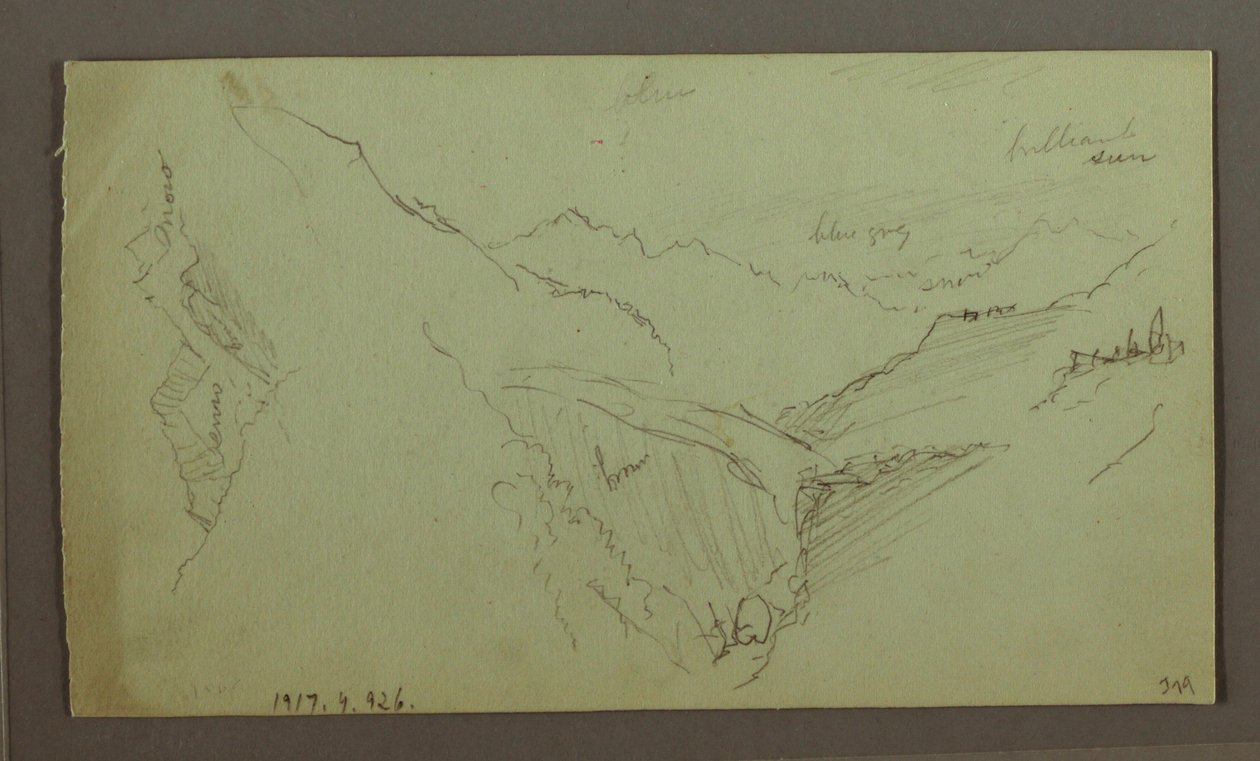 Rajz, Falu és meredek hegyvidéki völgy (Alpok), 1868-69 alkotó: Frederic Edwin Church