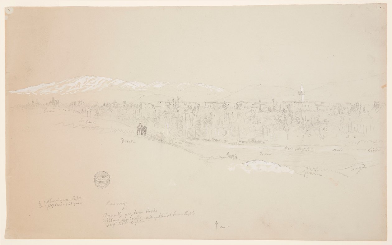 Rajz, Kuseiyeh falu, távolban a Libanon-hegy, 1868. május alkotó: Frederic Edwin Church