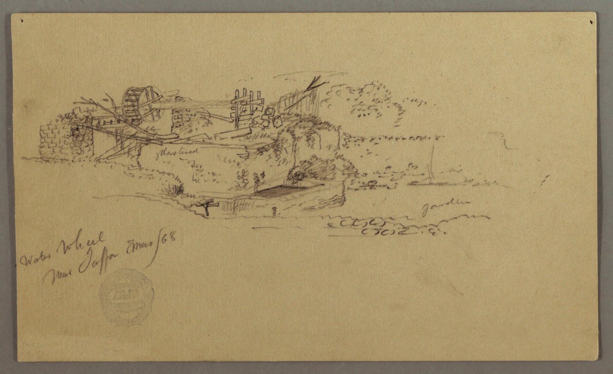 Rajz, Vízikerék medencével egy kertben, Jaffa, Palesztina [Tel Aviv, Izrael], 1868. március alkotó: Frederic Edwin Church