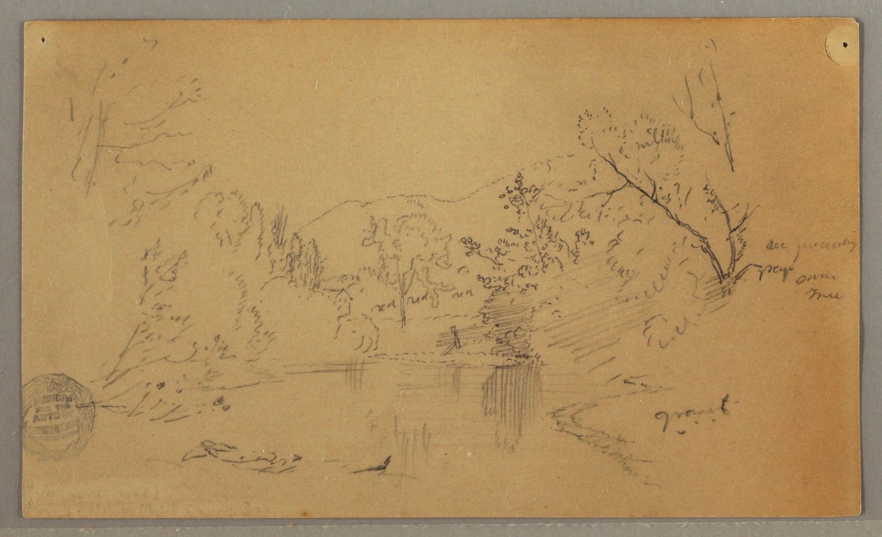 Rajz, Kanyargó folyó egy erdős völgyben, Vermont, 1865 októbere alkotó: Frederic Edwin Church