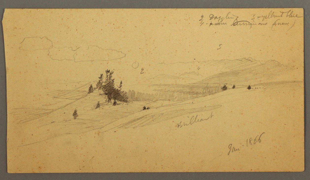 Rajz, erdős dombtető, dombos völgy, Nap, 1866. január alkotó: Frederic Edwin Church