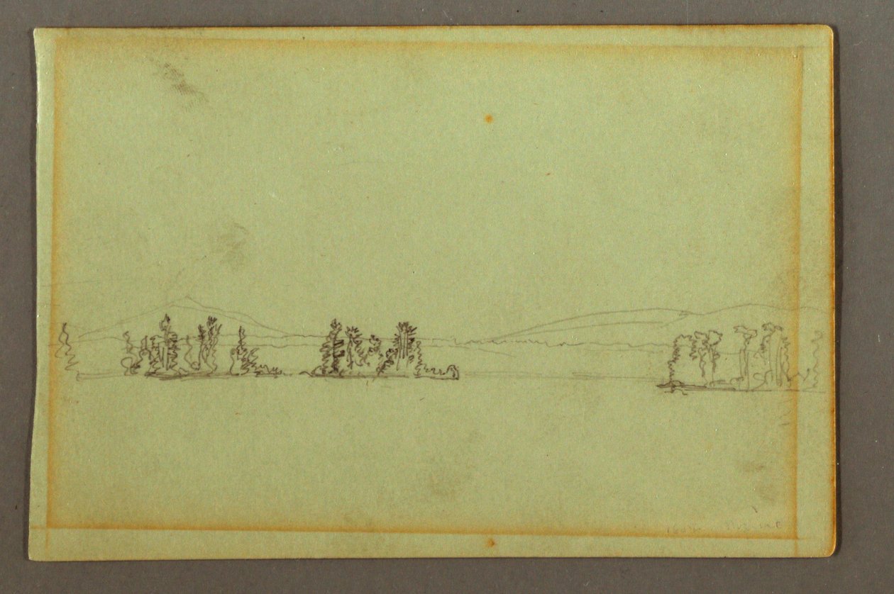 Rajz, Fás szigetek, dombos part, valószínűleg 1856 alkotó: Frederic Edwin Church