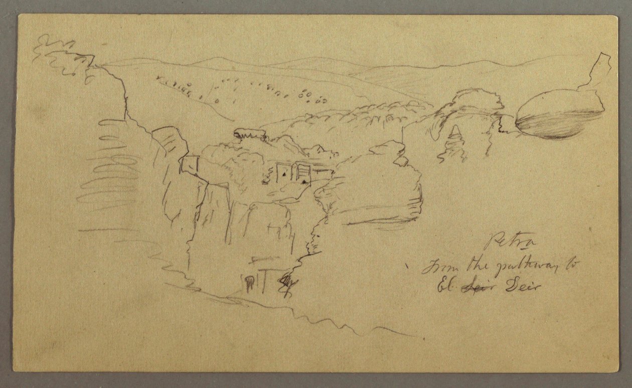 Vázlat. Kilátás a Khirbet en Wasara "Petra / az El Deir felé vezető útról" alkotó: Frederic Edwin Church