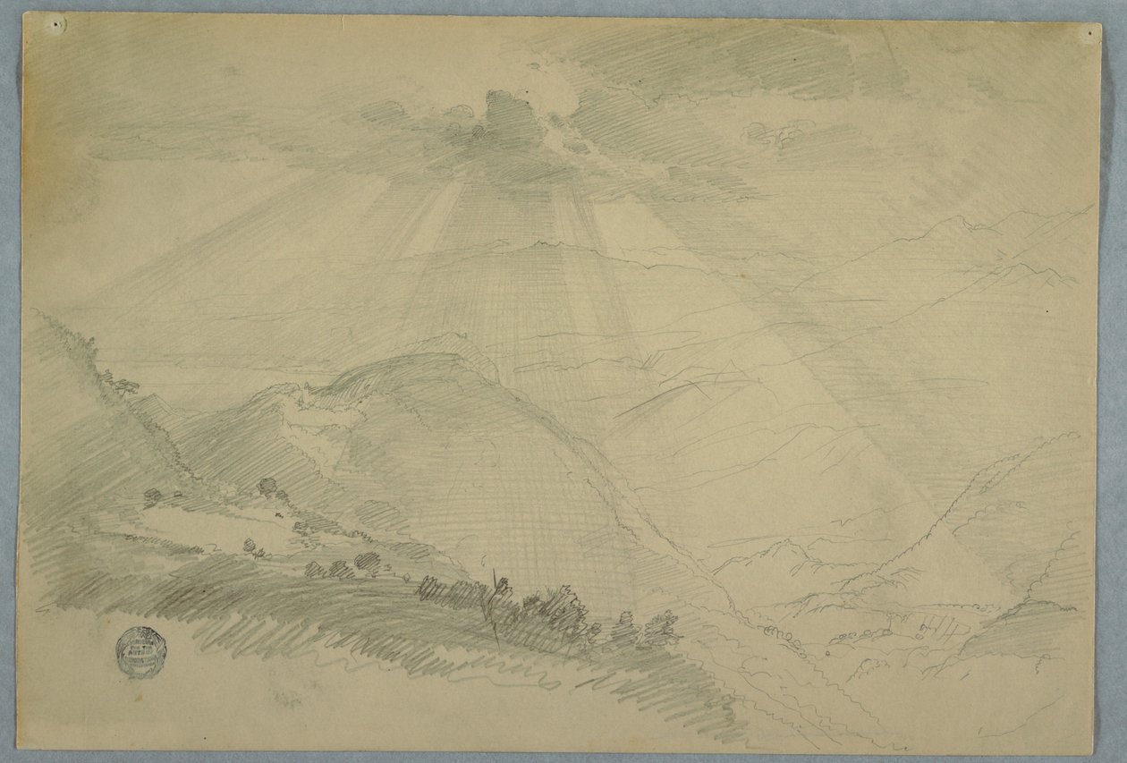 Felhőkön át szakadó nap egy hegyi völgy felett, Jamaica alkotó: Frederic Edwin Church