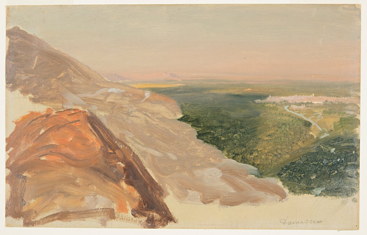 Kilátás egy síkságra Damaszkusz, Szíria, a hegyek felől. alkotó: Frederic Edwin Church