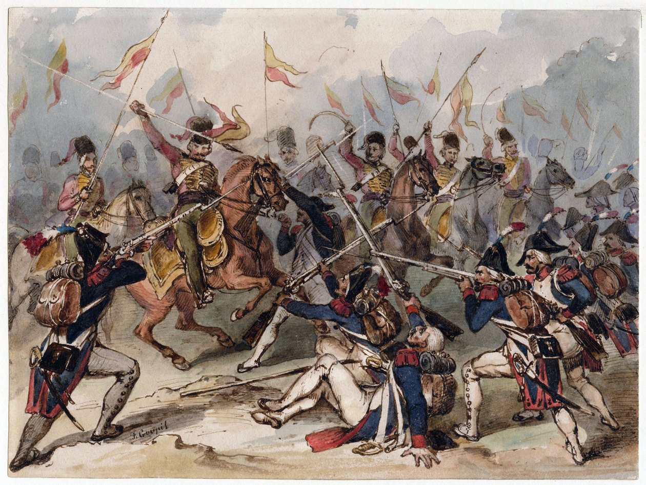 Francia gyalogság és orosz huszárok harcban Austerlitznél - Francia gyalogság és orosz huszárok harcban Austerlitznél - Goupil-Fesquet, Frederic (1817-1878) - Akvarell papíron - 21,2x28,6 - Magángyűjtemény alkotó: Frédéric Goupil Fesquet