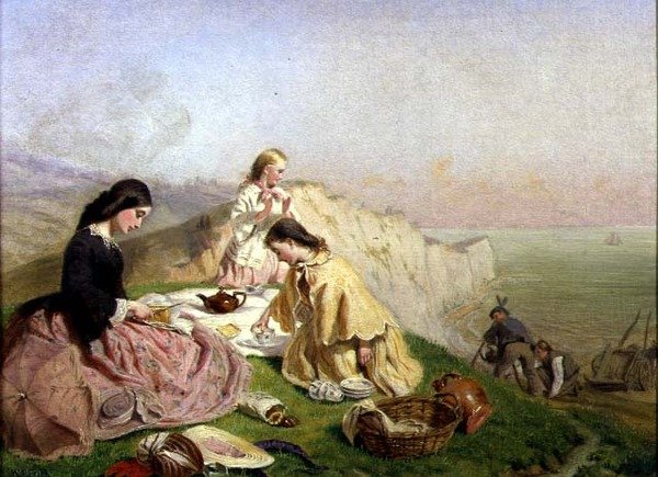 Piknik a sziklatetőn (olaj, vászon) alkotó: Frederic James Shields
