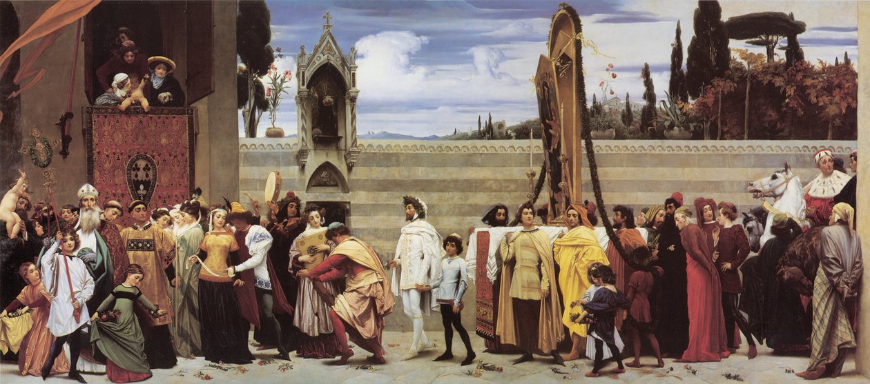 Cimabue ünnepelt Madonnáját körmenetben viszik végig Firenze utcáin". alkotó: Frederic Leighton