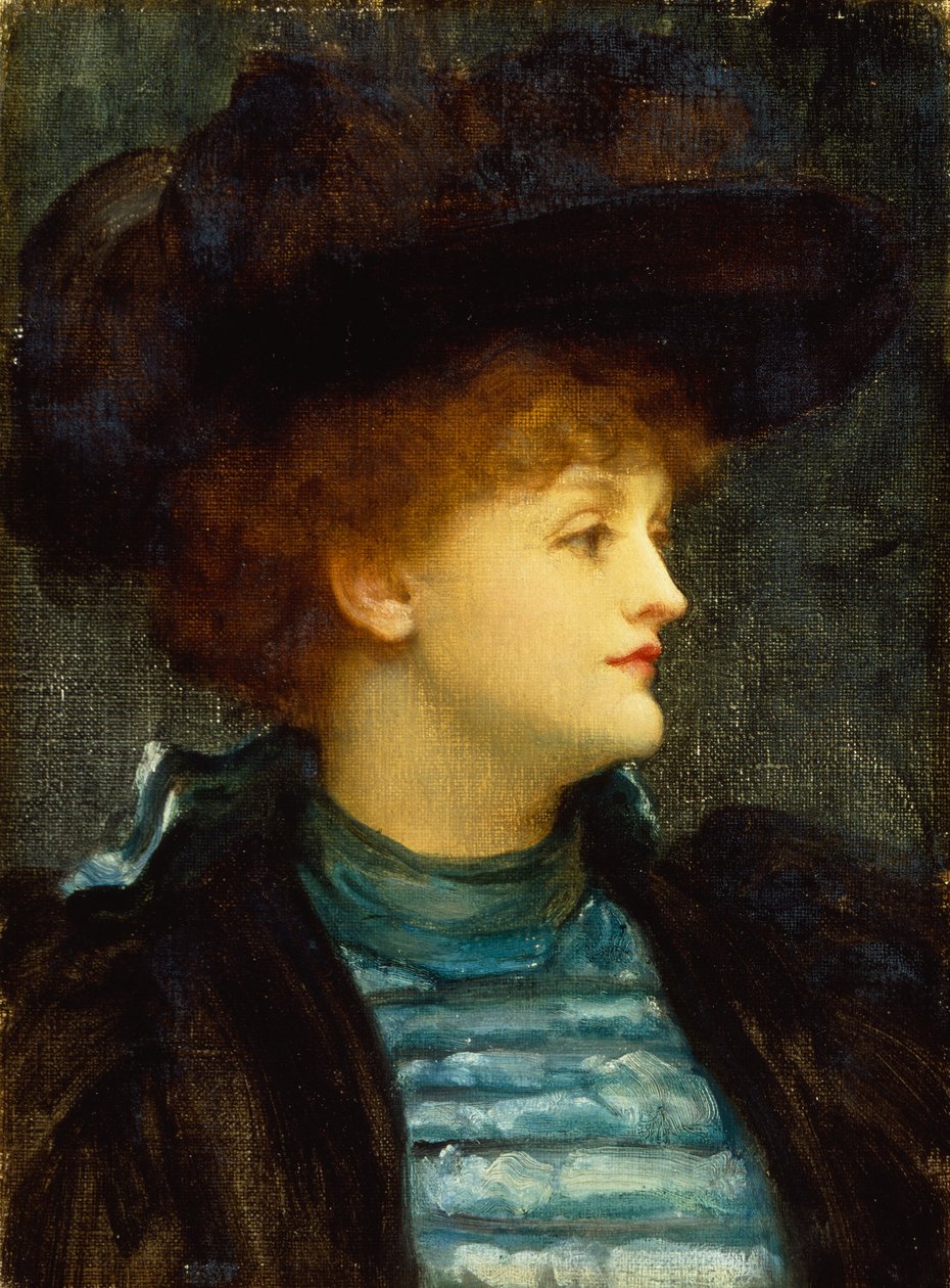 Türkiz ruhás nő portréja fekete kabáttal és kalappal (olaj, vászon) alkotó: Frederic Leighton