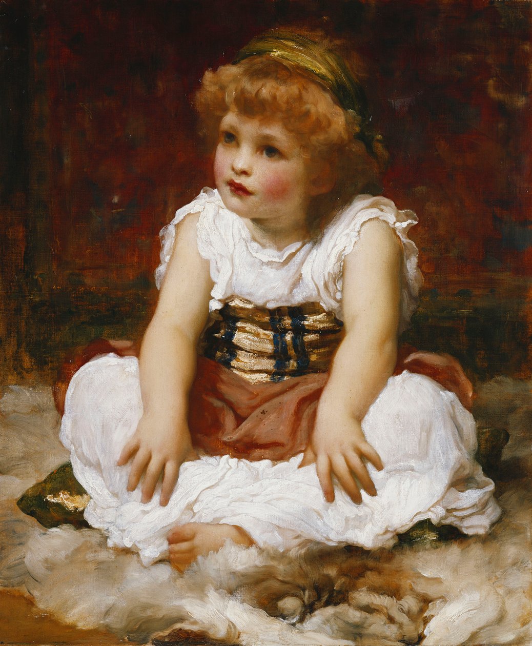 Szőnyegen ülő lány portréja, alkotó: Frederic Leighton