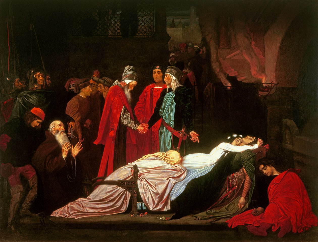 A Montague-ok és a Capulet-ek megbékélése Rómeó és Júlia holttestei felett alkotó: Frederic Leighton