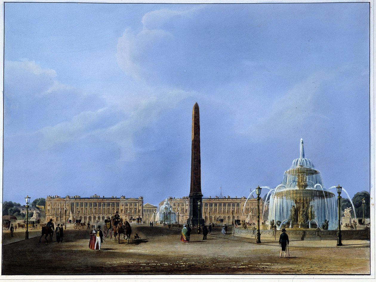 Kilátás a luxori obeliszkre és a szökőkutakra, Place de la Concorde - Martens 1832-es Párizsában. Szerk. Weith és Hauser. alkotó: Frederic Martens