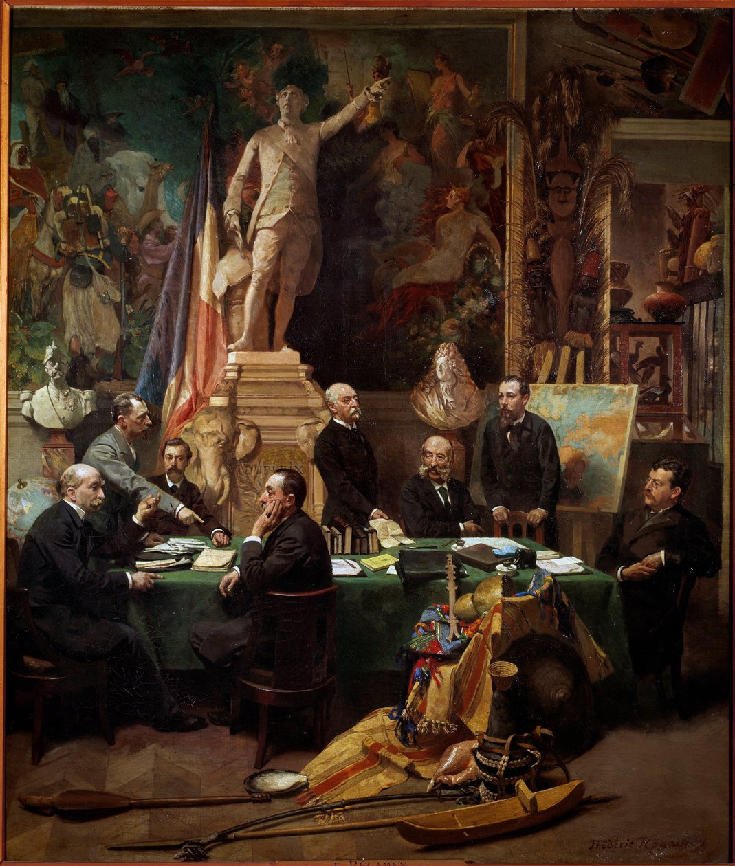 A kolóniák küldöttei 1892 novemberében Balról jobbra: Chesse (Tahiti), Mager (Diego Suares), Dussac (Nossy-Be), de Faymoreau (Mayotte), Jules Ferry (Annam és Tonkin), Soller (Francia-Guinea) , Cudenet (Új-Kaledónia). Frederic Regam festménye alkotó: Frederic Regamey