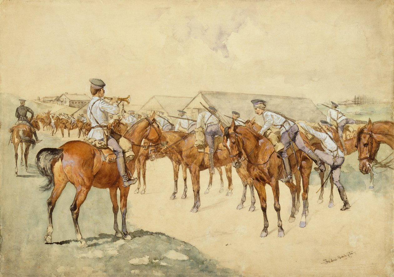 A Call to Arms (Dragoons, Mount!) 1892-93 (wc, gouache, toll és tinta, ceruza és testfesték papíron) alkotó: Frederic Remington