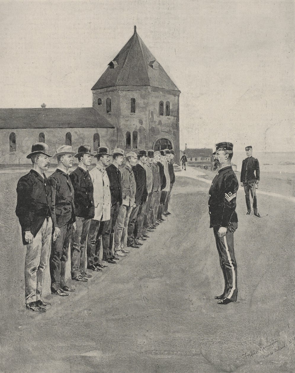 Az első lecke a háború művészetéből. Újoncok a két további tüzérezredhez Fort Slocumban, Davids Islanden, Long Island Soundon alkotó: Frederic Remington