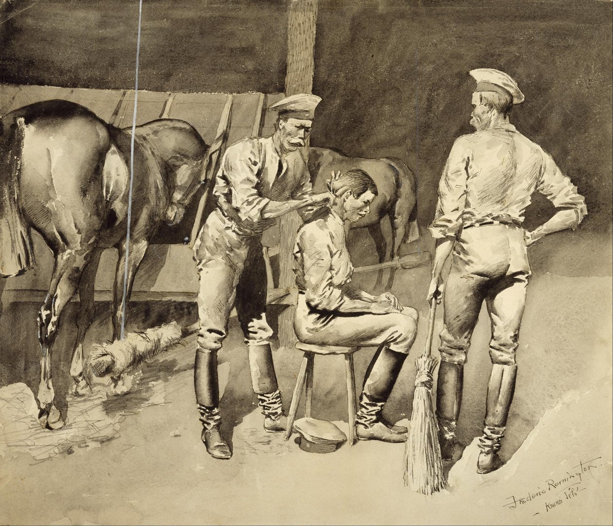 Hajvágás egy lovassági istállóban alkotó: Frederic Remington