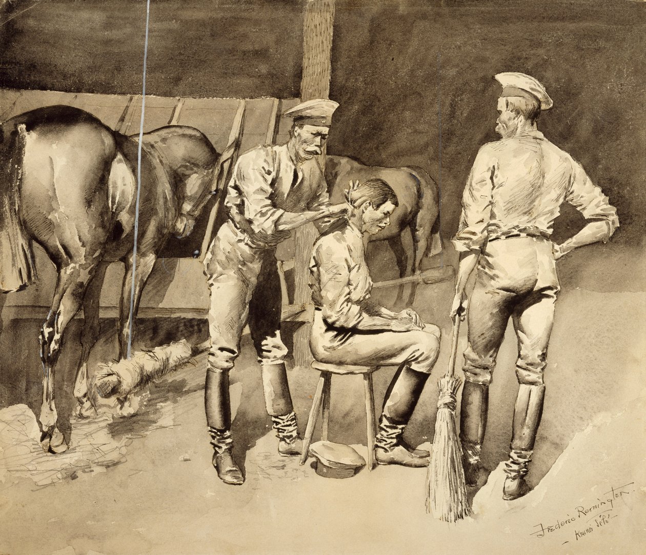 Hajvágás egy lovassági istállóban, 1893 körül (wc papíron) alkotó: Frederic Remington