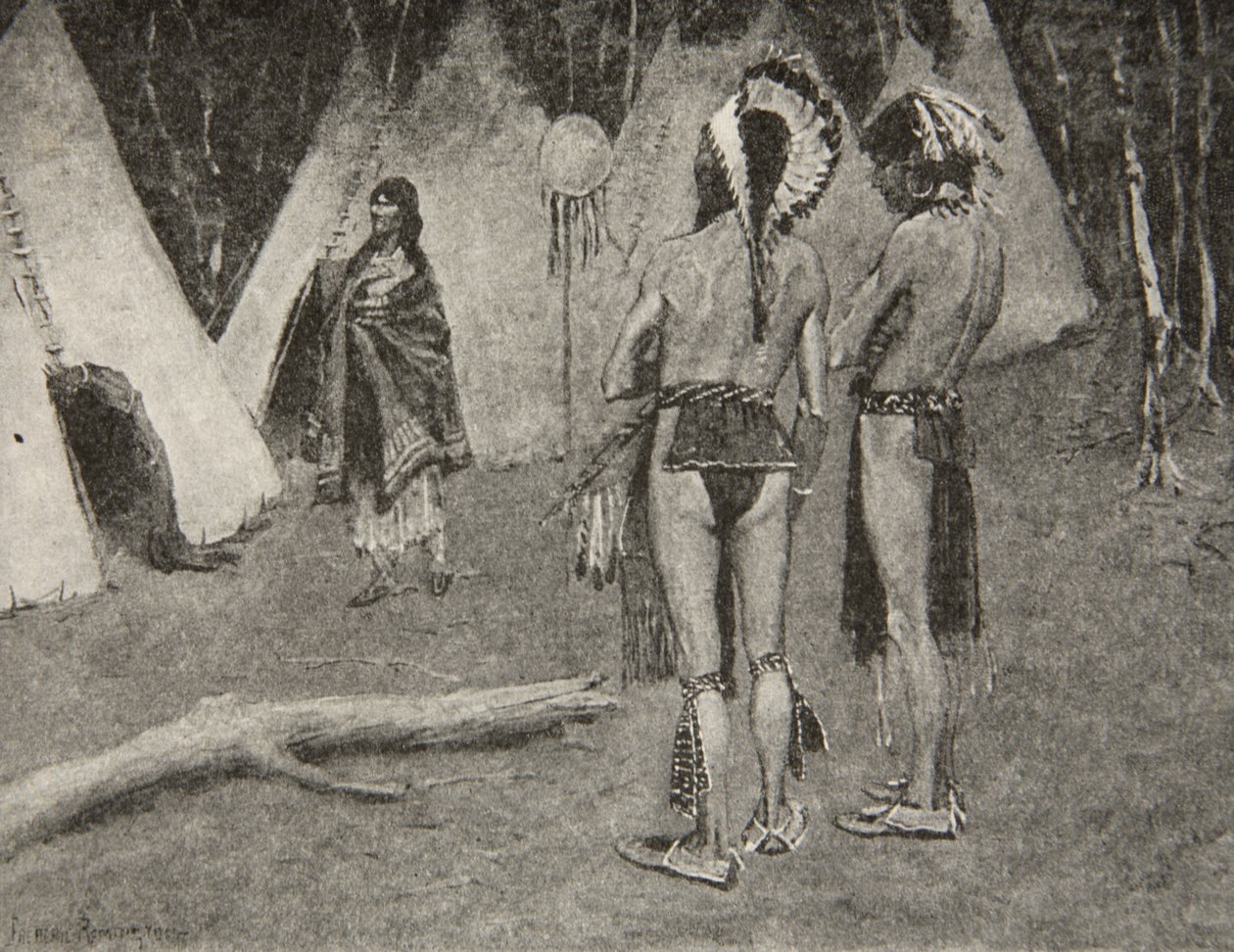 És a szeretői, az elutasítottak... Jóképű férfiak festékkel és tollakkal, Henry Wadsworth Longfellow (1807-82) Hiawatha dala című könyvéből, kocsma. George G. Harrap und Company Ltd., 1911 alkotó: Frederic Remington