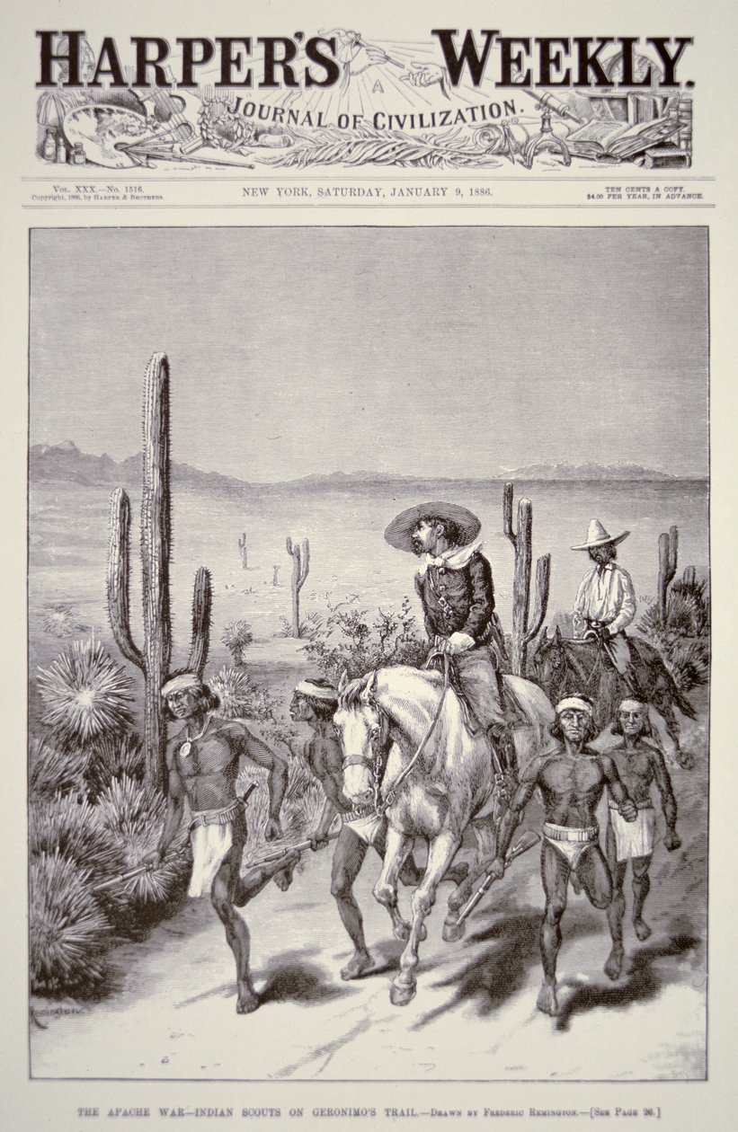Az apacs felderítők vezetik a hadsereg őrjáratát Geronimo (1829-1909) üldözésére a „Harper