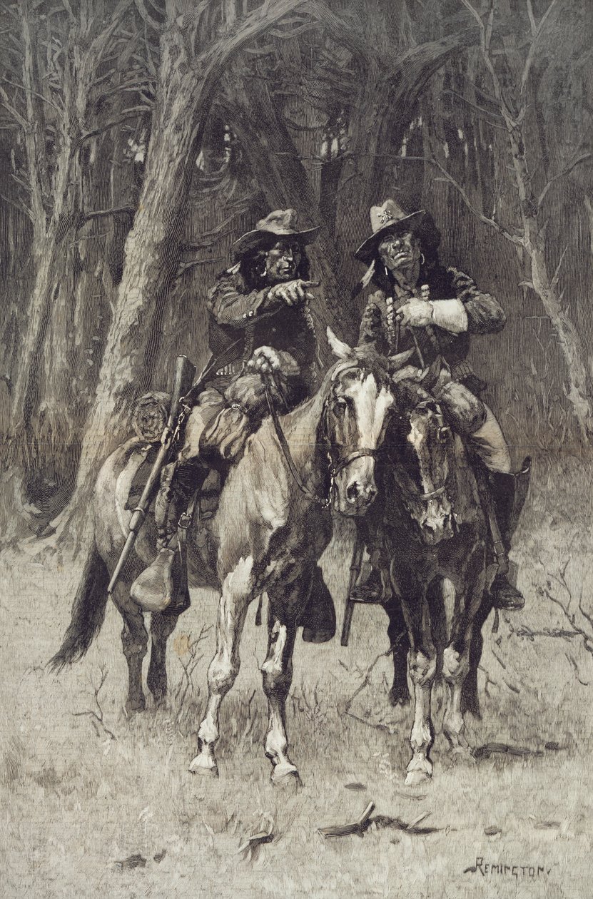 Cheyenne cserkészek járőröznek az észak-kanadai Big Timbernél, Oklahoma, április 6. alkotó: Frederic Remington