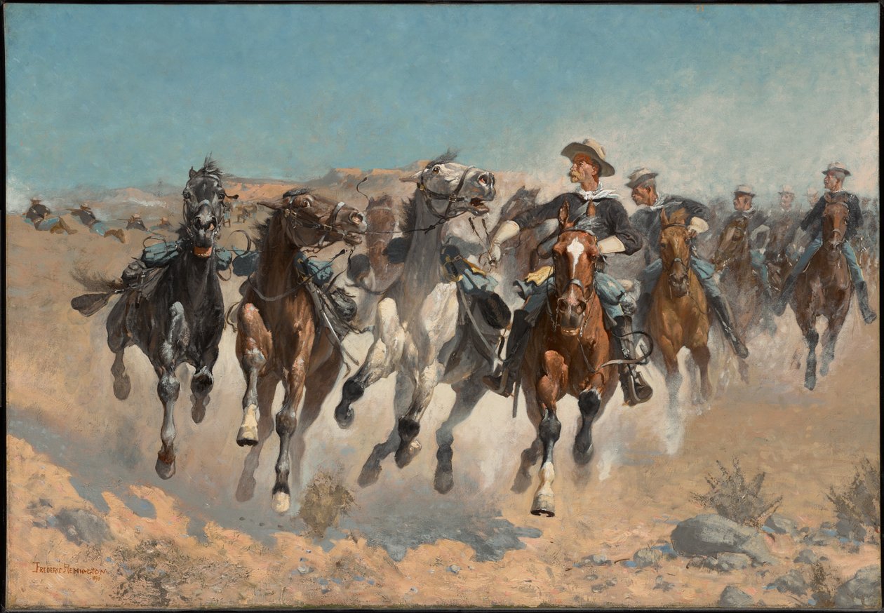 Leszállva: a negyedik ezred katonái vezetik a kézen tartott lovakat alkotó: Frederic Remington