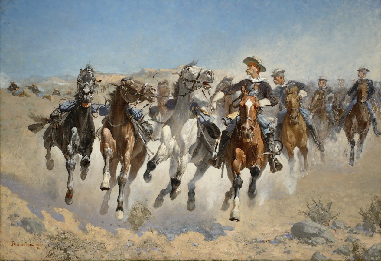 Leszállt lováról: A negyedik katonák mozgatják a vezetett lovakat, 1890 alkotó: Frederic Remington