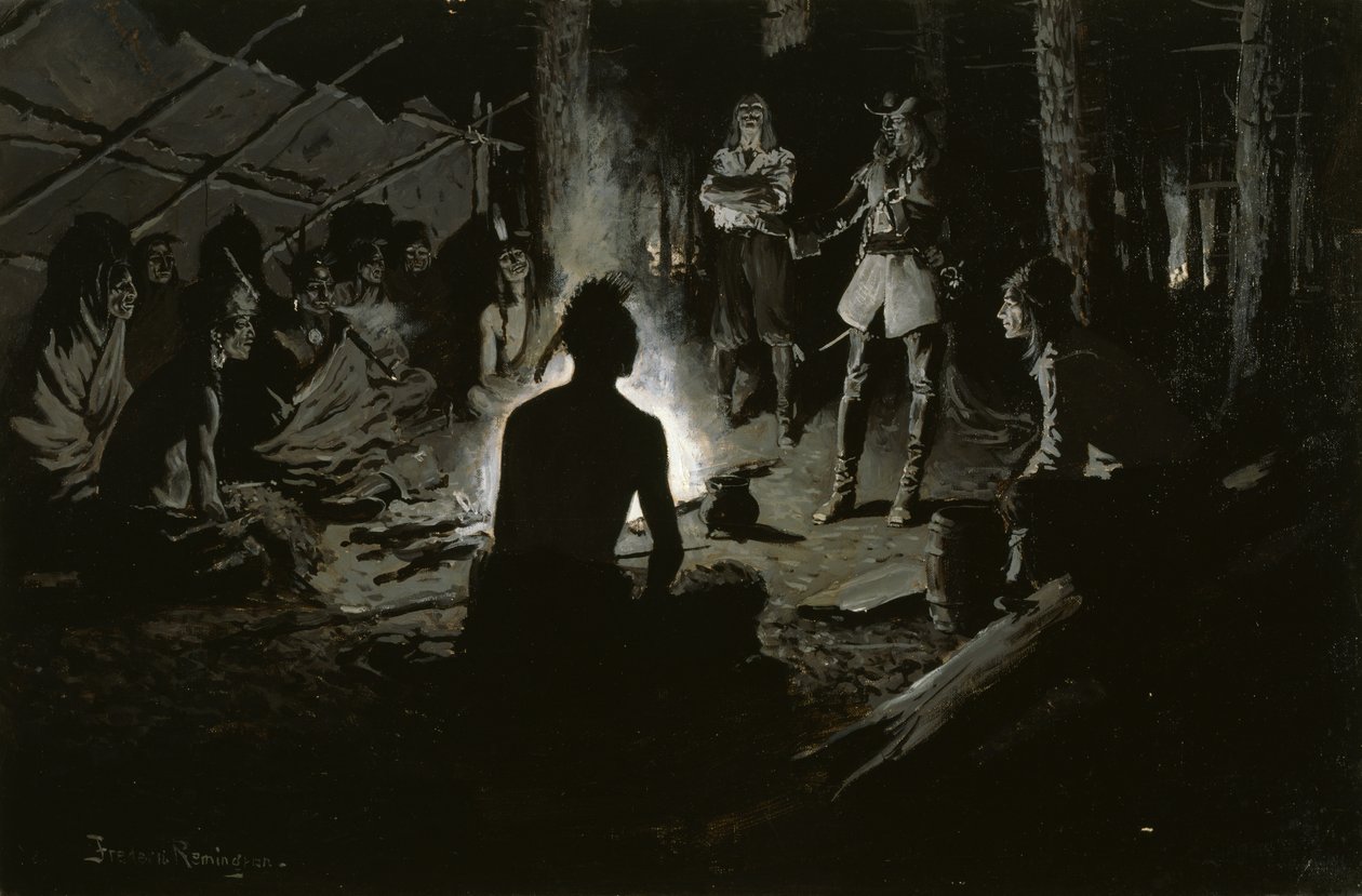 French Explorers Council with the Indians (At the Iroquois Council Fire) 1901 körül alkotó: Frederic Remington