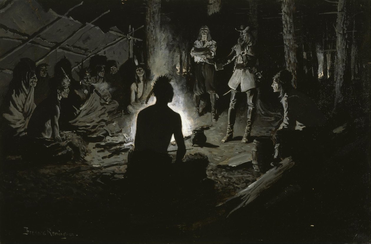 Francia felfedező tanácskozása az indiánokkal alkotó: Frederic Remington