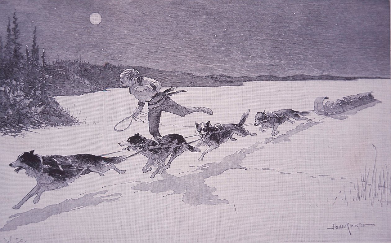 Francia prémvadász Kanadában Huskie kutyákkal a befagyott tavon alkotó: Frederic Remington