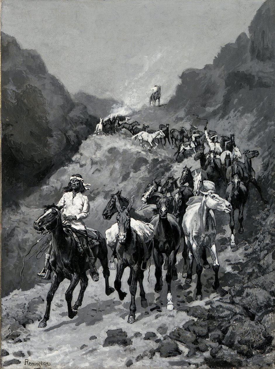 Geronimo és bandája visszatér egy razziából Mexikóba (olaj, vászon) alkotó: Frederic Remington