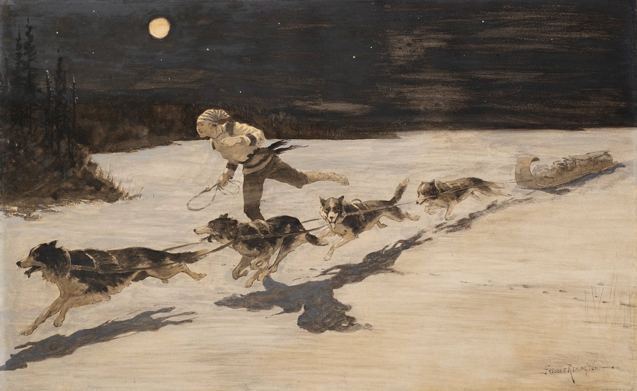 "Huskie" kutyák a befagyott autópályán (Talking Musquash) alkotó: Frederic Remington