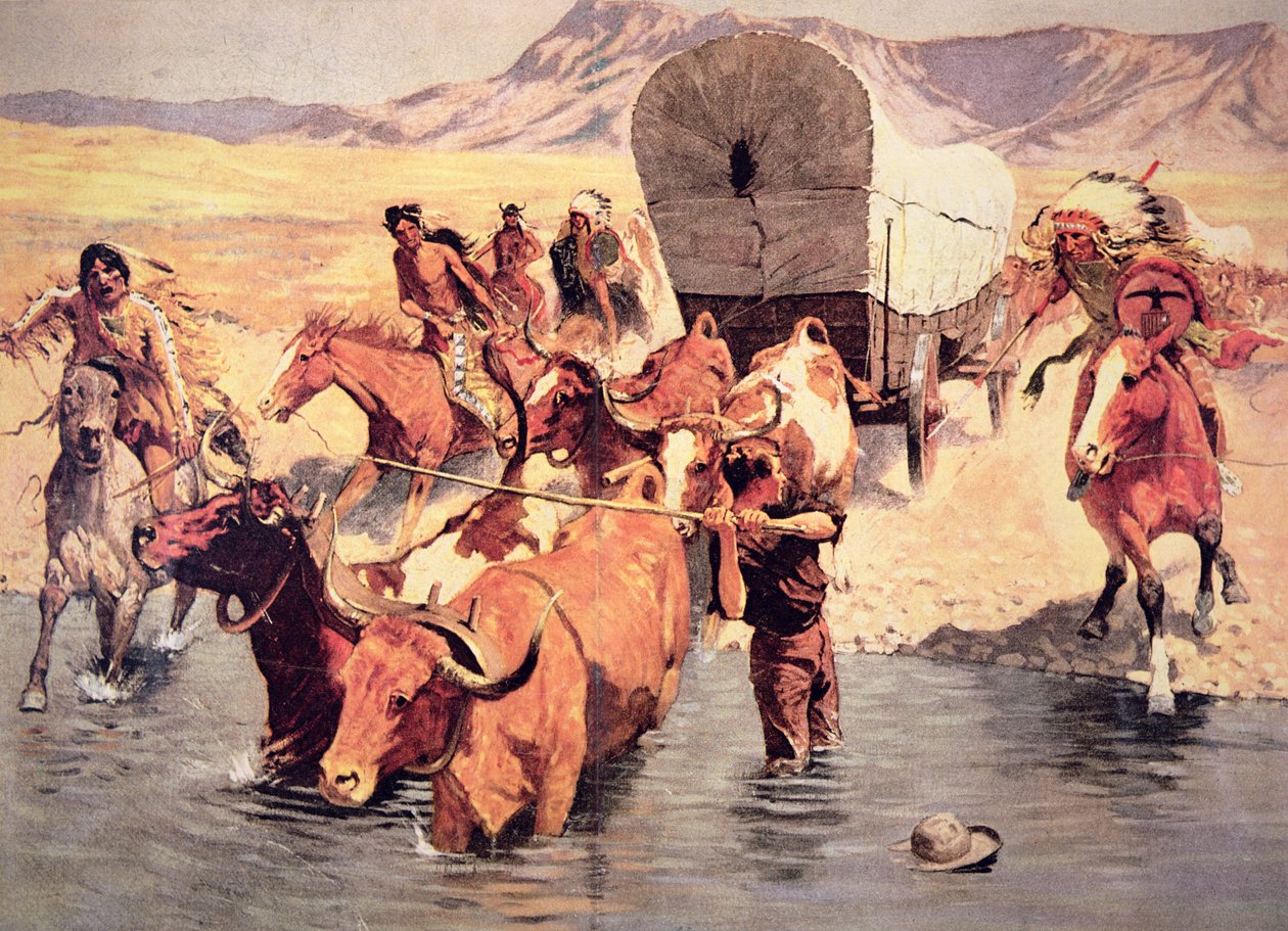 Indiánok megtámadnak egy úttörő kocsit (olaj, vászon) alkotó: Frederic Remington