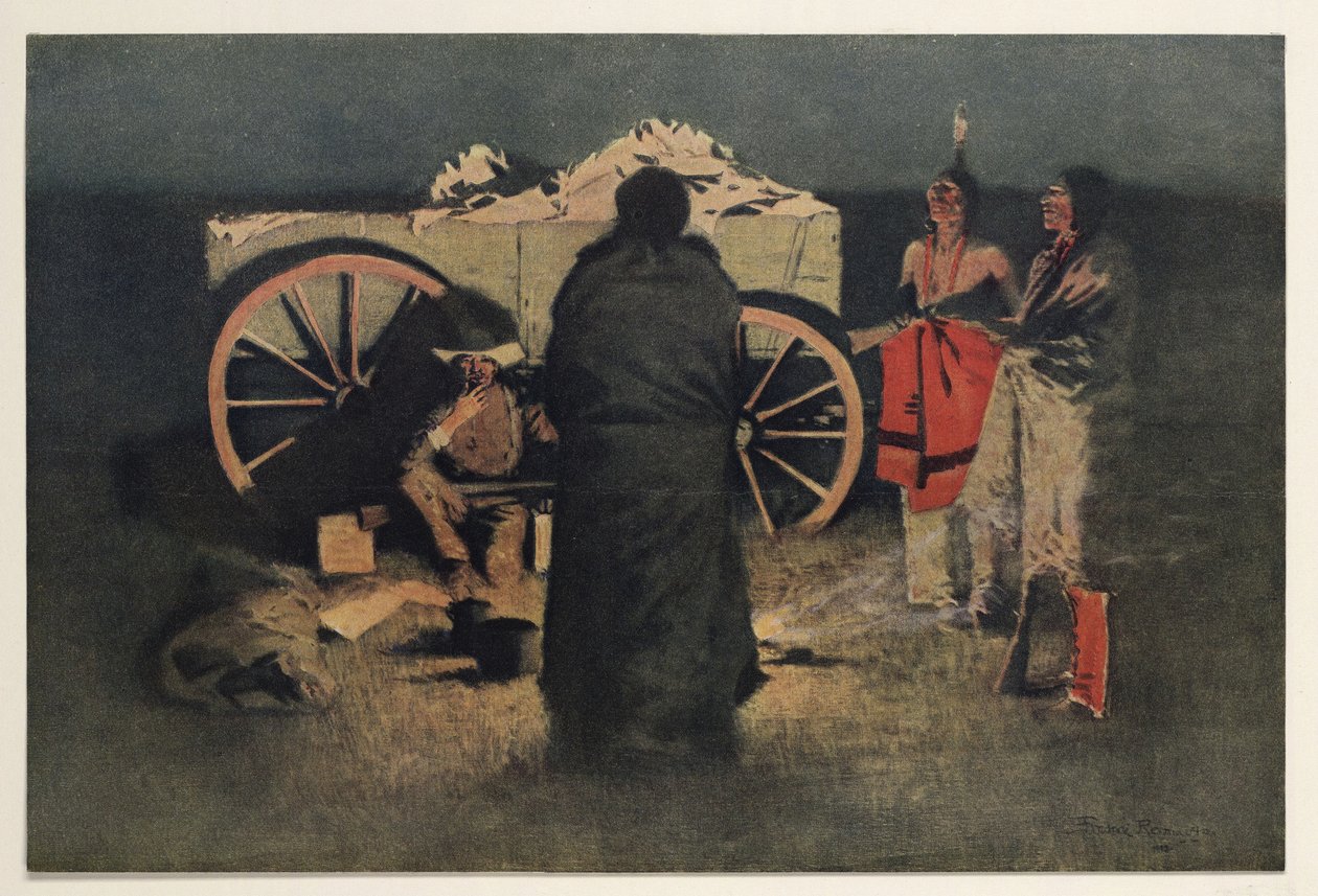 Éjszakai tábor, kocsma. 1905 alkotó: Frederic Remington