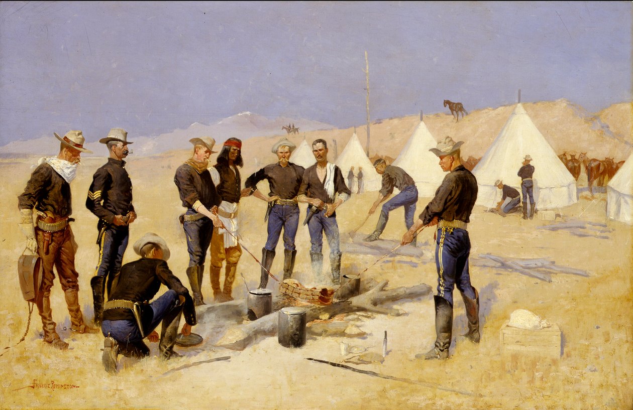 A karácsonyi marhahús sütése a lovassági táborban alkotó: Frederic Remington