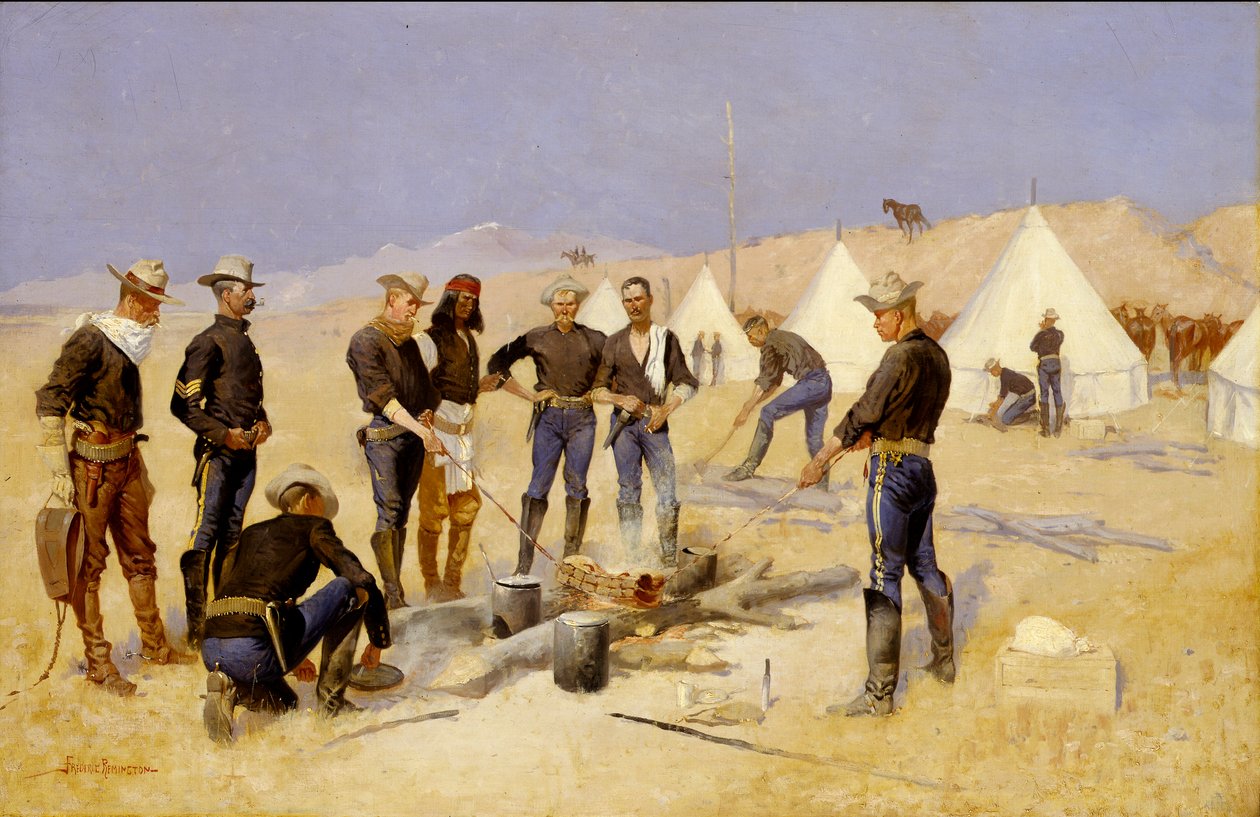A karácsonyi marhasütés egy lovassági táborban alkotó: Frederic Remington