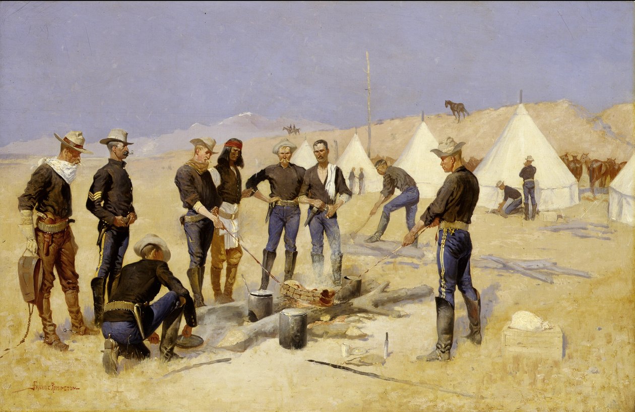 A karácsonyi marhasütés egy lovassági táborban, 1892 körül alkotó: Frederic Remington