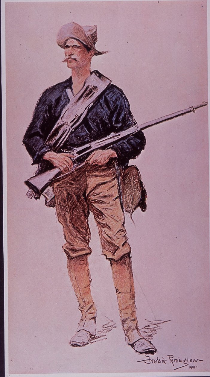 Spanyol-amerikai háború 1898, amerikai gyalogos Krag-Jorgensen tárpuskával felfegyverkezve alkotó: Frederic Remington