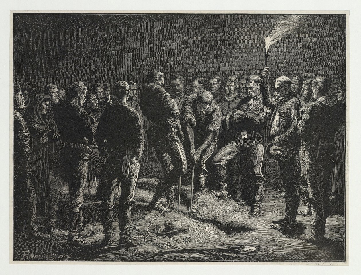 Az Apache kampány – Hatfields férfiak temetése, a Harpers Weekly, kocsma. 1886 alkotó: Frederic Remington