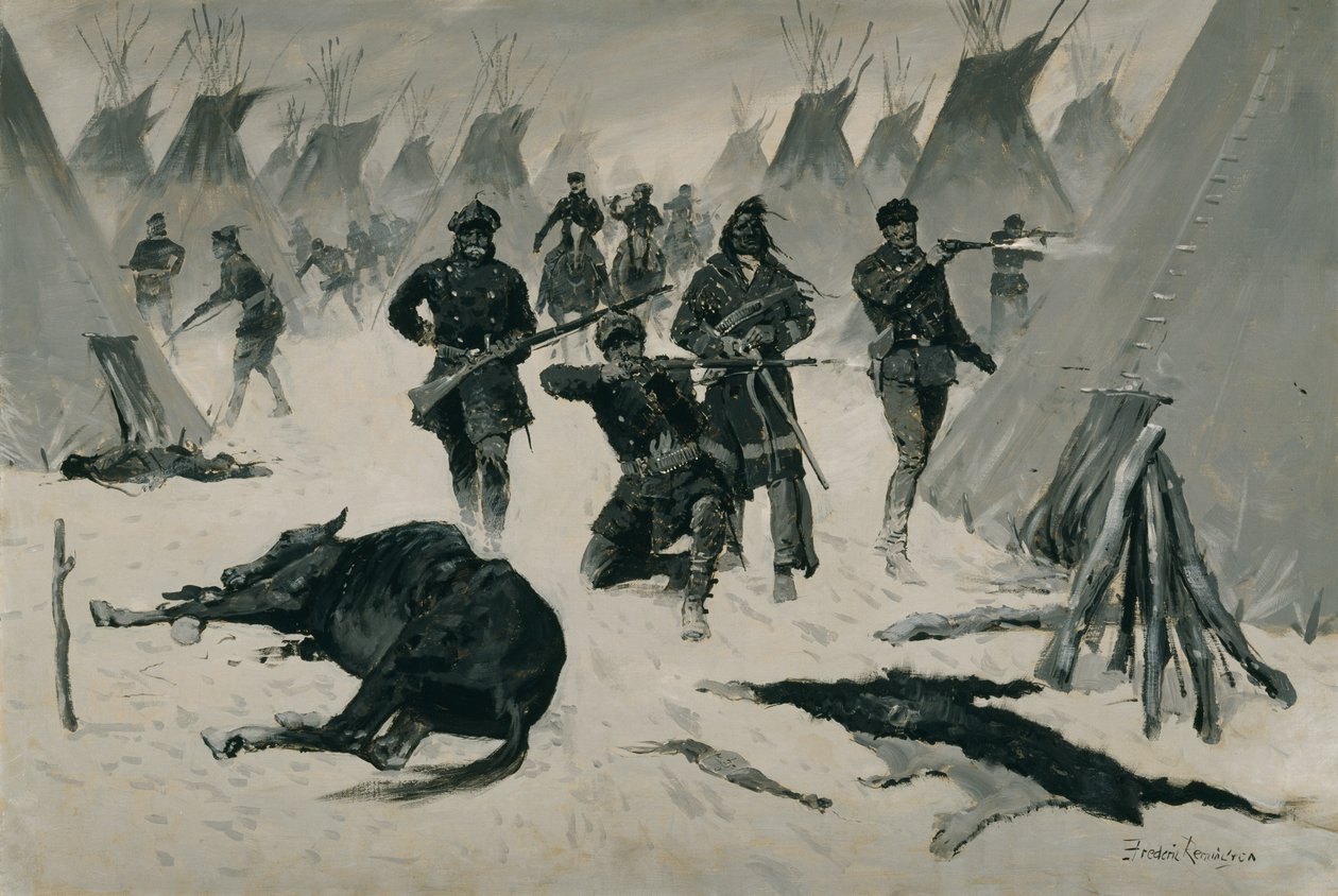 The Defeat of Crazy Horse (The Defeat of Crazy Horse by Colonel Miles, 1877. január, Winter Attack on an Indian Village) 1901 körül, esetleg 1896 körül alkotó: Frederic Remington
