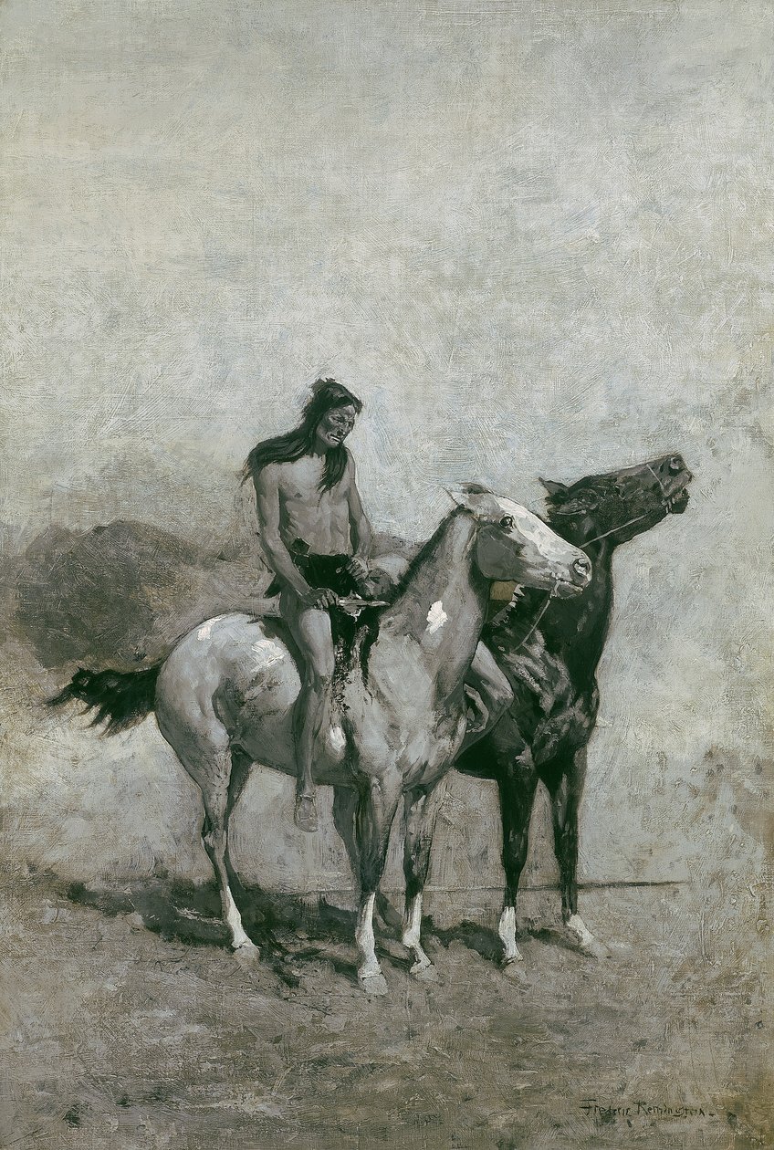 A tűzfaló áldozatát a pónijára vetette, 1900 körül alkotó: Frederic Remington