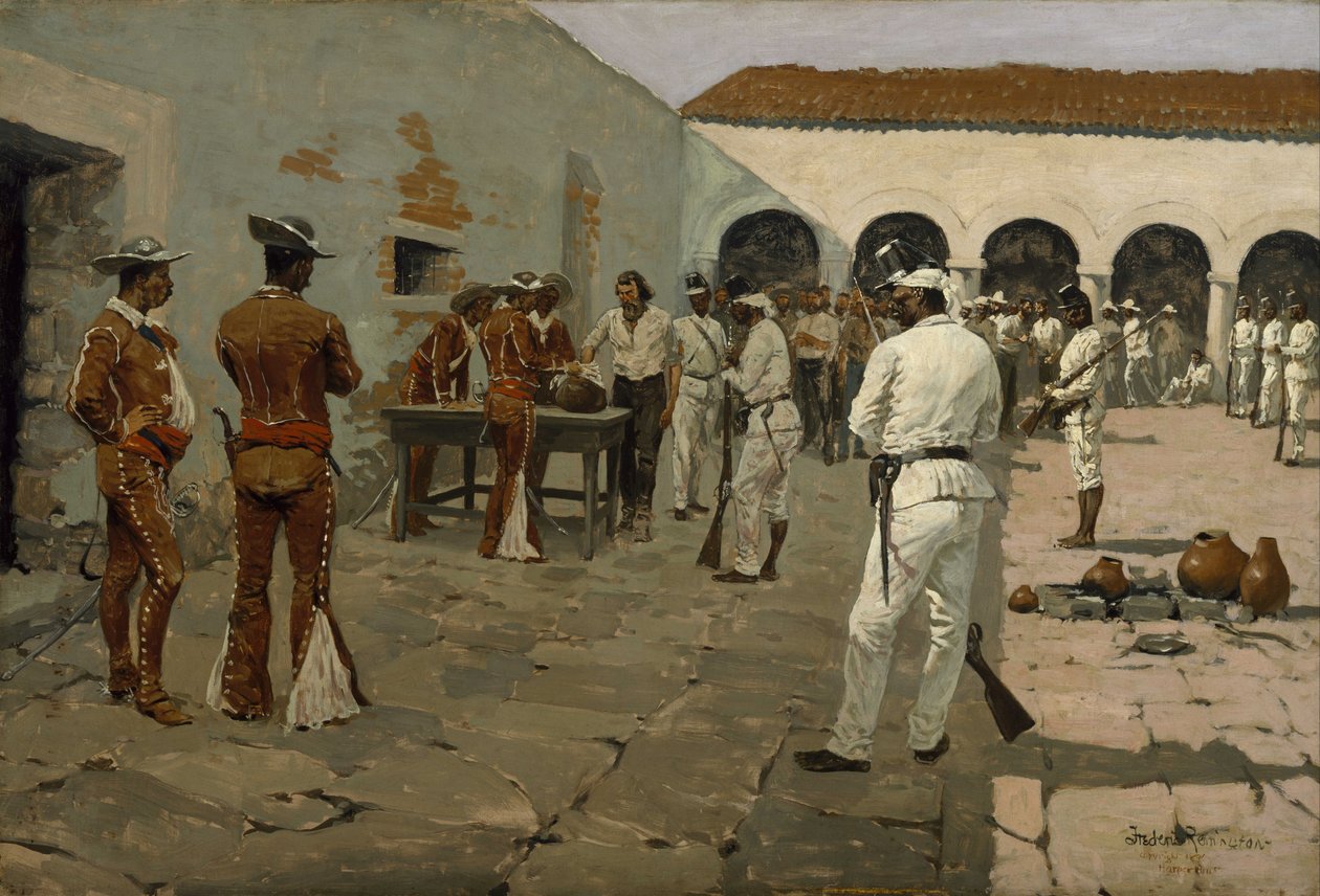 A Mier-expedíció:  A fekete bab rajzolása (A foglyok rajzolják a babot) alkotó: Frederic Remington