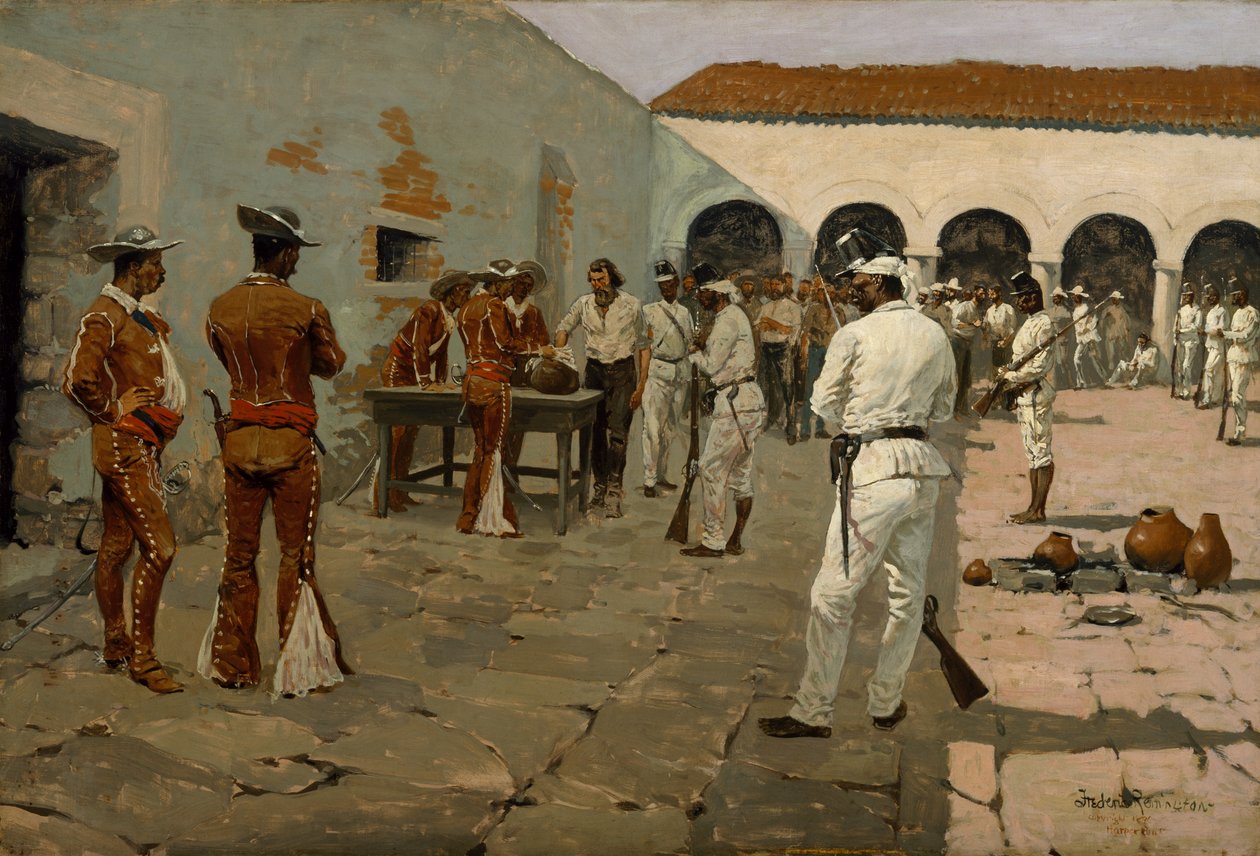 The Mier Expedition: The Drawing of the Black Bean (Prisoners Drawing their Beans) 1869 (olaj, vászon) alkotó: Frederic Remington