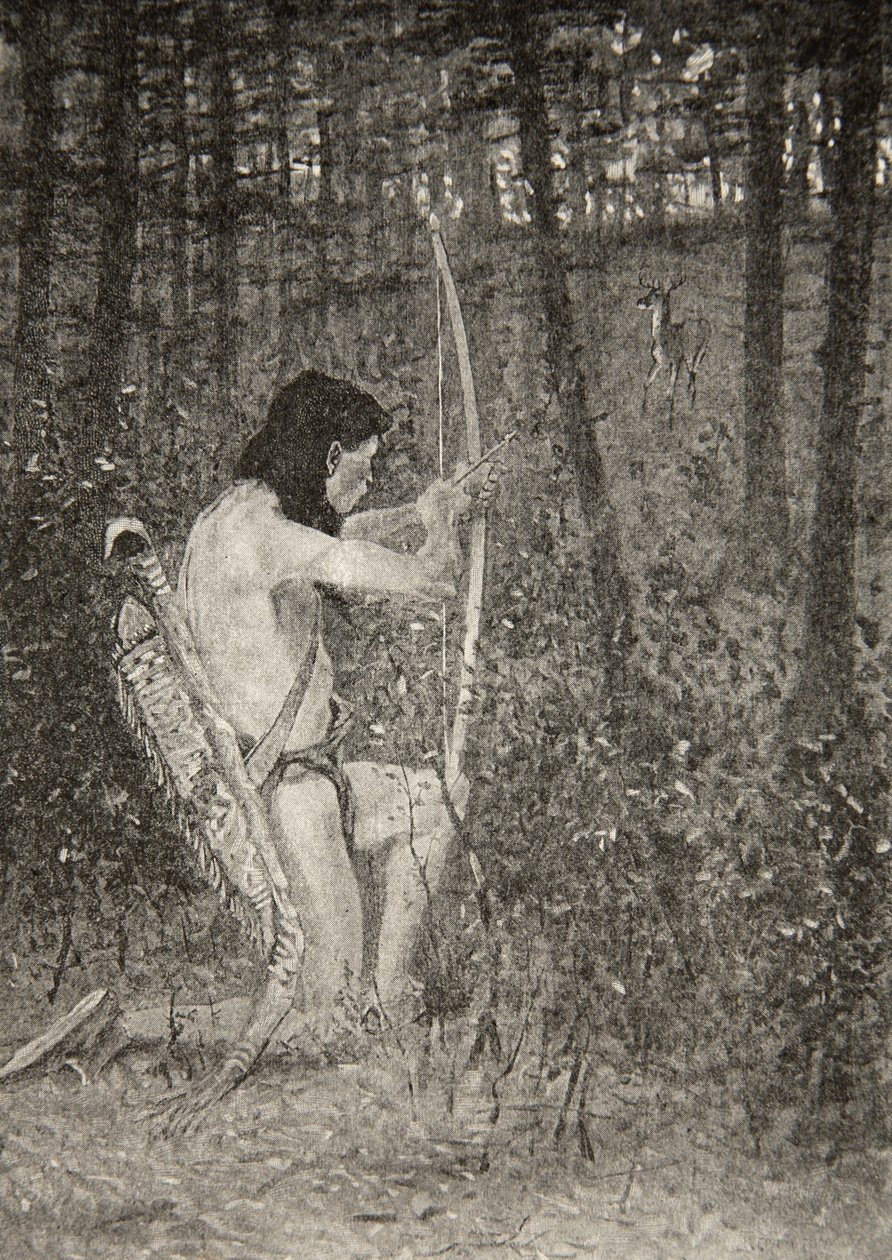 Then, on one knee uprising, Hiawatha aimed an arrow, from The Song of Hiawatha by Henry Wadsworth Longfellow (1807-82), pub. by George G. Harrap und Company Ltd., 1911. alkotó: Frederic Remington