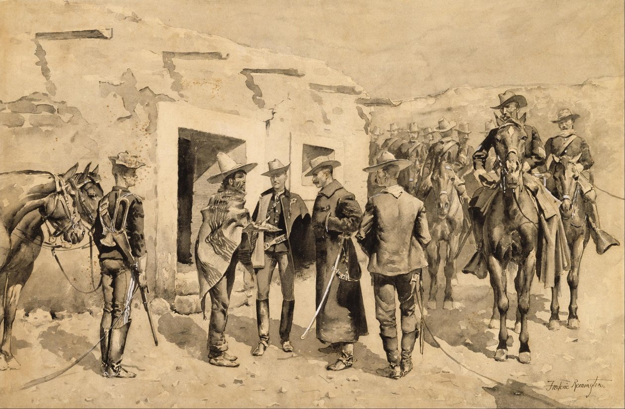 Az amerikai lovasság a Rio Grande mentén Garza embereit üldözi alkotó: Frederic Remington