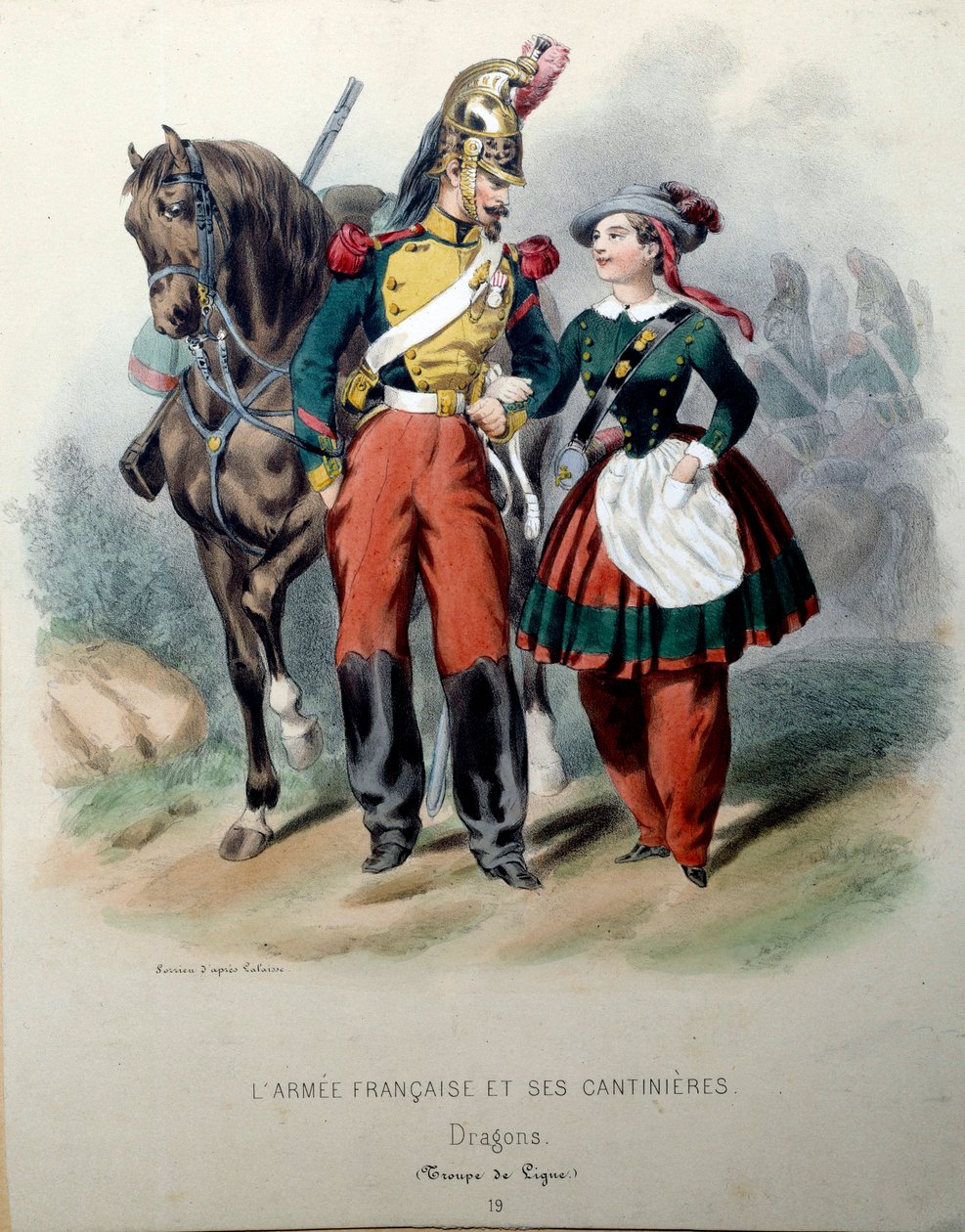 The French Armee and its Cantinieres: A Dragon and a Cantiniere Lithography by Frederic Sorrieu (1807-?) 19. század Párizs, Dekoratív művészetek alkotó: Frederic Sorrieu