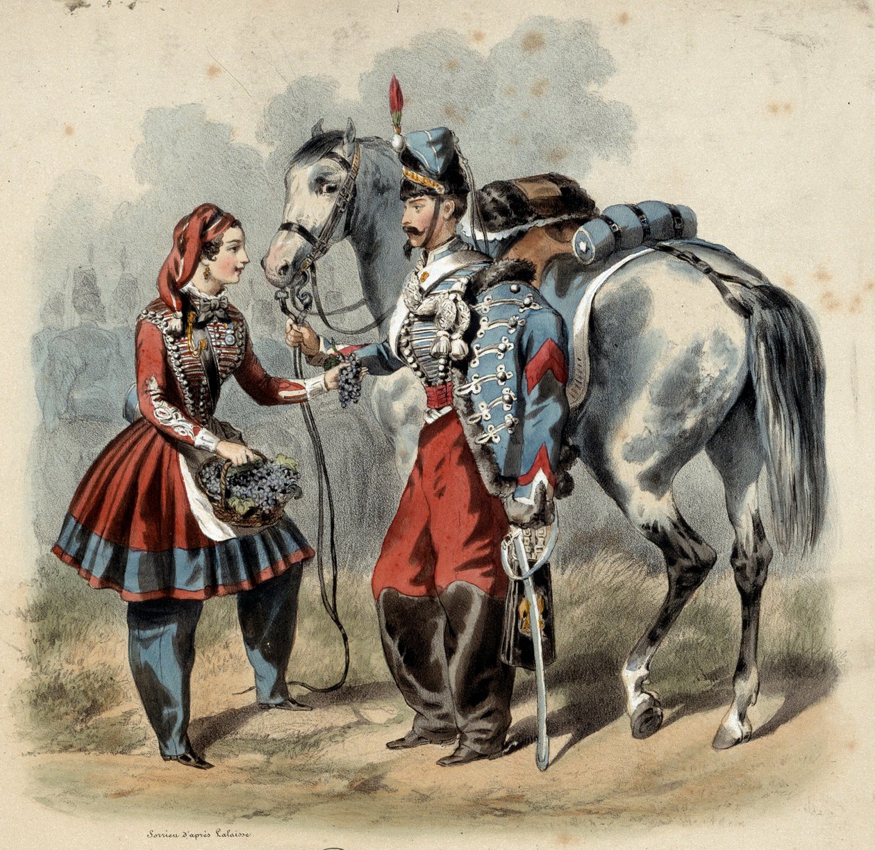 A francia hadsereg és kantinjei: Hussard and cantiniere de troupe de line. Frederic Sorrieu metszete (1807 -?) alkotó: Frederic Sorrieu