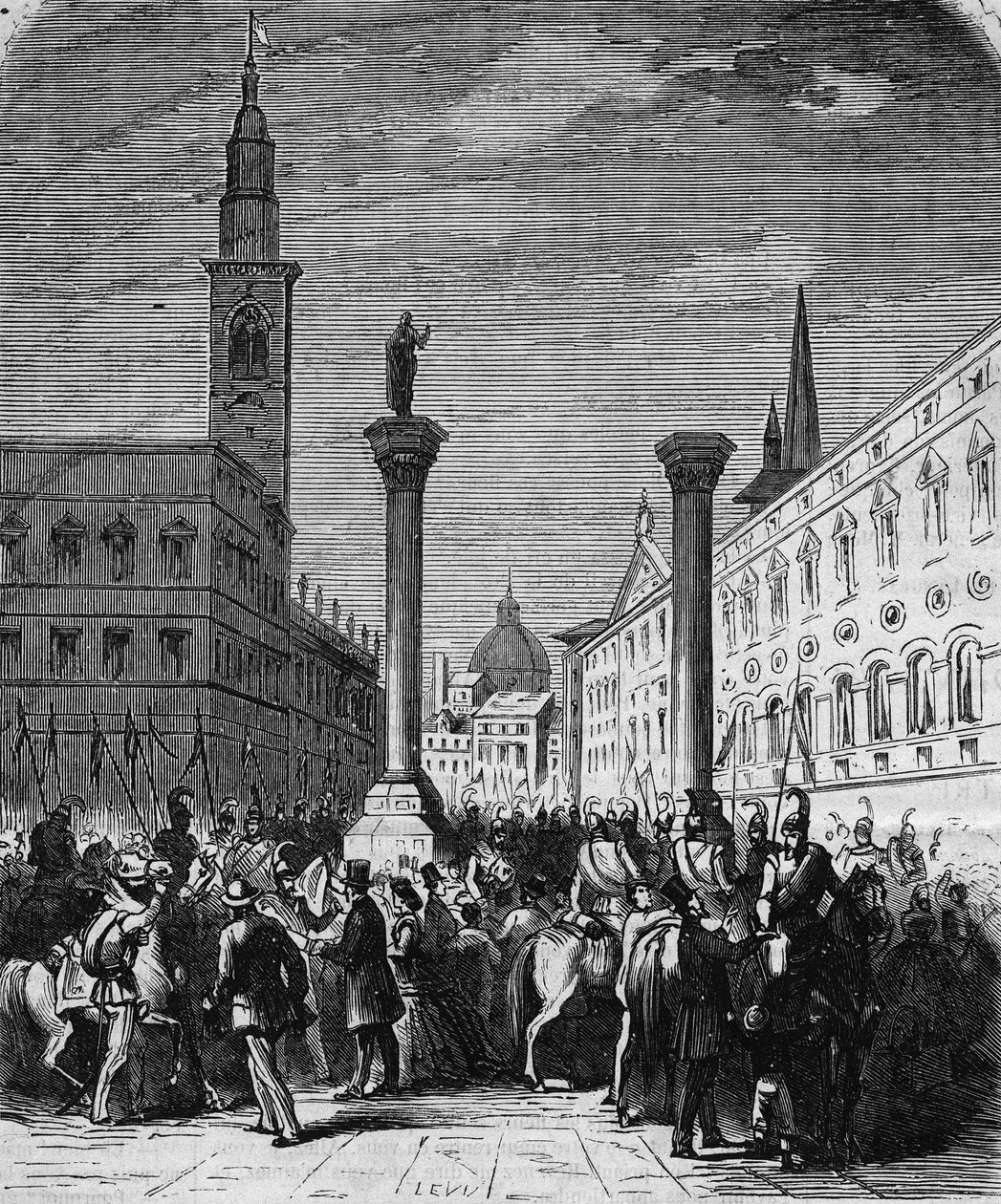 Az Olasz Királyság lovassága a vicenzai Piazza dei Signorit elfoglaló, 1866-ban az osztrákok alól felszabadult. Metszet Lix rajzából. In „” L
