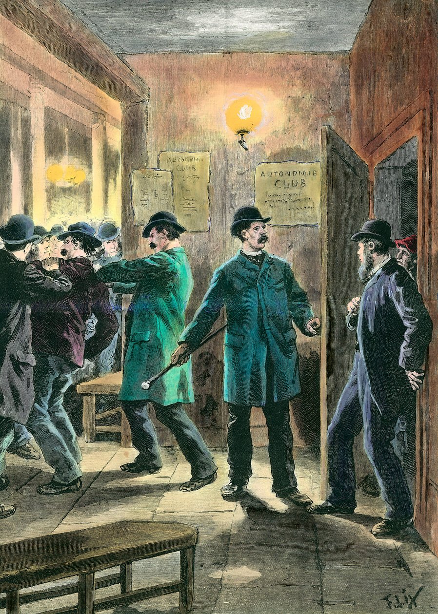 Anarchisták Angliában: A rendőrség letartóztatja a londoni autonóm klubot. Metszet: Frederic Lix (1830-1897) 19. századi magángyűjtemény alkotó: Frederic Theodore Lix